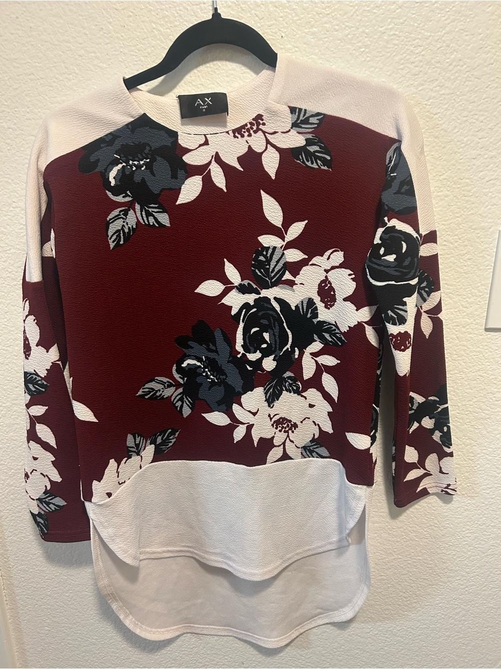 A/X Armani Exchange Burgundy Floral Long-Sleeve Layered-Hem Top